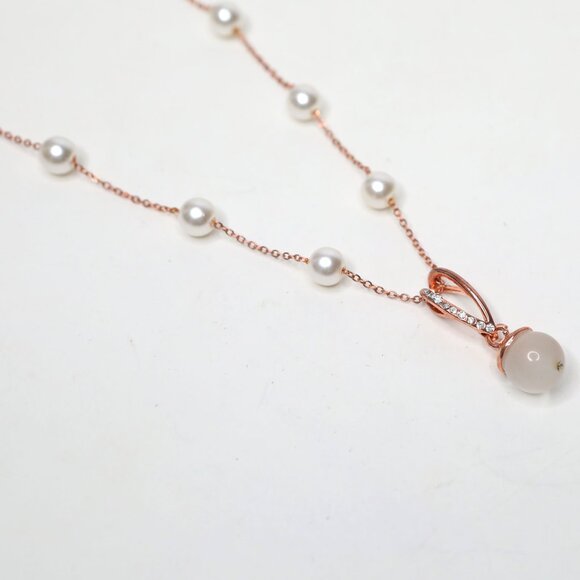 Rose Gold Tone Dainty Y-Lariat Necklace Faux Pearl Drop Modern Minimalist - Picture 5 of 8